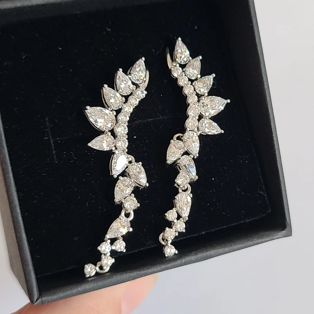 Sterling Silver Crystal Leaf Half Ear Drop Dangle Evening Cocktail Earrings - Picture 2 of 11